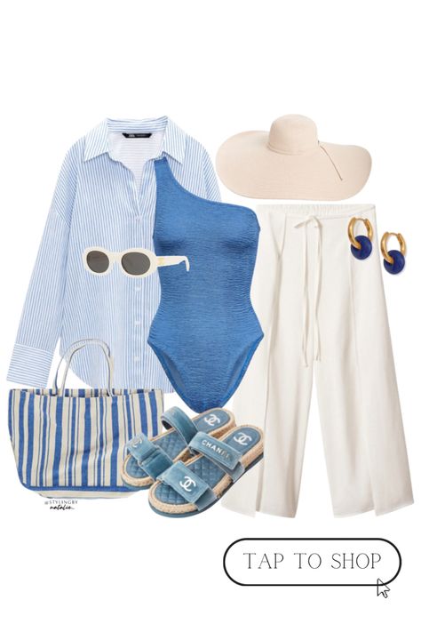 Greece Beach Outfit, Blue Swimsuit Outfit, Blue Vacation Outfit, Greece Vacation Outfits Summer, Blue Summer Trousers, Blue Linen Shirt Outfit Women, Blue Beach Outfit, Boat Trip Outfit Summer, Mykonos Outfit