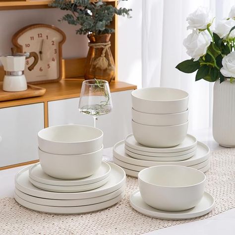 Amazon.com | AmorArc Stoneware Dinnerware Sets of 4,Reactive Ceramic Plates and Bowls Set,Highly Chip and Crack Resistant | Dishwasher & Microwave Safe | Round Dishes Set Service for 4 (12pc)-Matte White: Dinnerware Sets Plates And Bowls Set, Ceramic Dinnerware Set, Minimalist Tables, Solid Shapes, Stoneware Dinnerware Sets, Stoneware Dinnerware, Ceramic Dinnerware, Dinner Plate Sets, Dish Sets