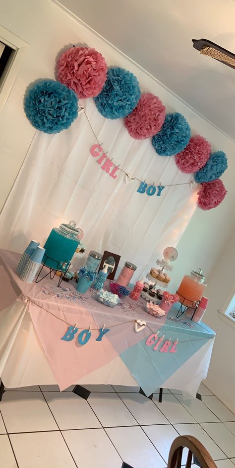 Picnic Table Gender Reveal Decor, Unique Reveal Gender Ideas, Small And Simple Gender Reveal, Pink Blue Gender Reveal Decor, Gender Review Decoration, Gender Reveal Decor Outdoor, Gender Reveal Ideas No Mess, Indoor Gender Reveal Decorations, Gender Reveal Setup Ideas