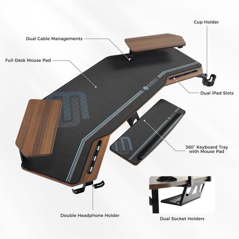 Wing Shaped 72" Studio Desk creates a large desk space all within reach. Built-in and included accessories complete your computer setup all in one package. Wing Shaped 72" Gaming Desk creates a large desk space all within reach. Built-in and included accessories complete your computer setup all in one package. Ultimate Streaming Setup The 72 x 30 inches large desk surface gives you tons of space for multi-monitor setups, equipment, and accessories, ideal for office, vlogging studio, and gaming s Computer Monitor Setup, Gaming Desk Setup Ideas, High Tech Office, Recording Desk, Electronics Workspace, Rising Desk, Vlogging Equipment, Streaming Background, Kids Desk Storage