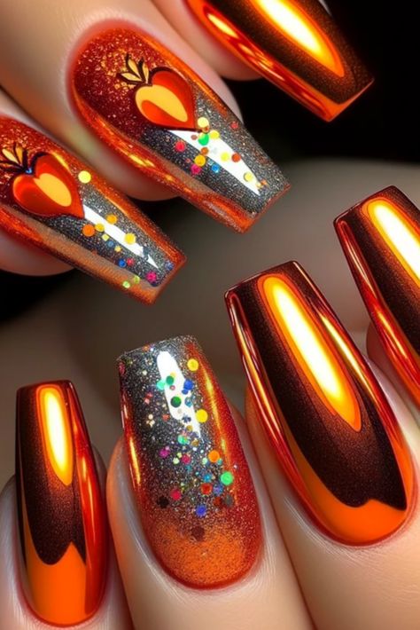 Orange Chrome, Purple Chrome Nails, Orange Nail Designs, Chrome Nails Designs, Halloween Acrylic Nails, Fancy Nails Designs, Pretty Nail Art Designs, Nails Only, Metallic Nails