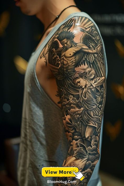 A dramatic full sleeve tattoo of an angel battling a demon. The detailed design symbolizes the fight between good and evil, perfect for men who want a bold and symbolic tattoo. Demons Tattoo Ideas, Angel Tattoo For Men, Tattoo For Men Ideas, Good And Evil Tattoos, Evil Tattoo, Angel Tattoos, Inner Conflict, Demon Tattoo, Meaningful Tattoo