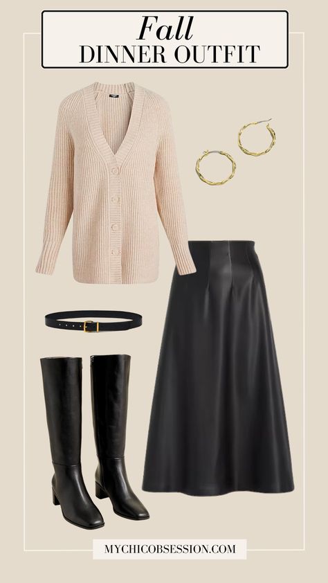 10 Classic and Trendy Dinner Outfits for Fall - MY CHIC OBSESSION Trendy Dinner Outfits, Dinner Outfits Fall, Skirt Boots Outfit, Skirt Outfits With Boots, Fall Dinner Outfit, Casual Elegant Outfits, Winter Boots Outfits, Classic Capsule Wardrobe, Black Leggings Outfit