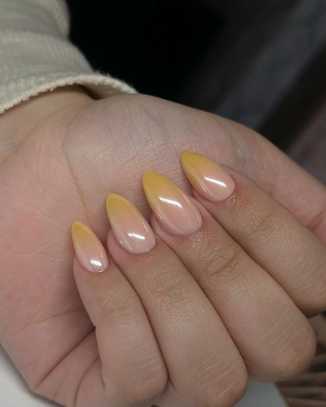 Golds, yellows & chromes ✨ #dovenailsbysharon Ombre Yellow Acrylic Nails, Yellow Ombre Nails, Minimalistic Nails, Acrylic Nails Almond Shape, Pointed Nails, Almond Acrylic Nails, Almond Shape, Nails Almond, Glam Nails