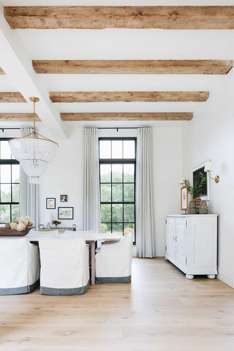 Kate Marker Interiors, Best White Paint, White Paint Colors, Furniture Office, Luxe Interiors, Wooden Beams, Oak Dining Table, Wood Beams, Farmhouse Style House