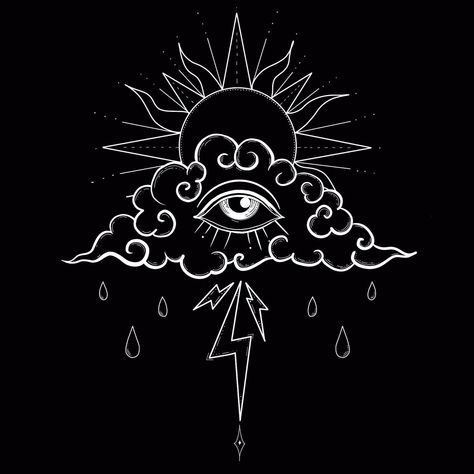 Rain Cloud Lightning Tattoo, Eye Cloud Lightning Tattoo, Moon Rain Tattoo, Sun Moon Rain Tattoo, Moon Lightning Tattoo, Rain And Sun Tattoo Ideas, Rain Sun Tattoo, Aztec Sun And Moon Tattoo, Sun And Moon Witch Tattoo