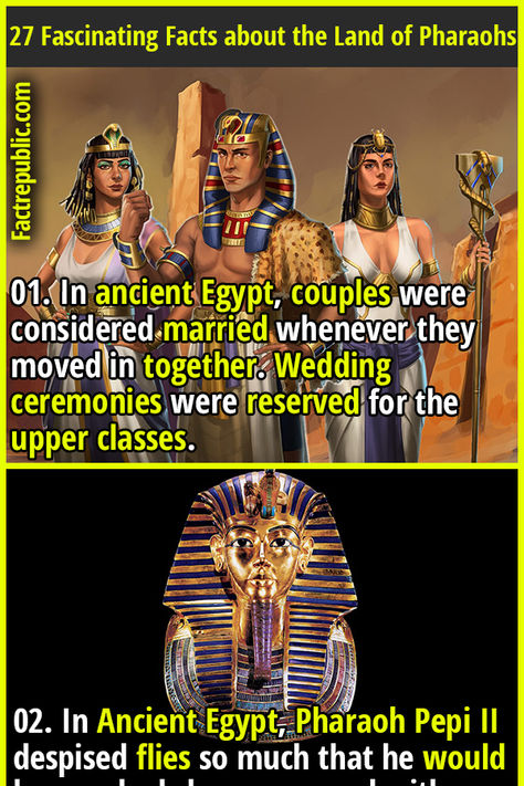 01. In ancient Egypt, couples were considered married whenever they moved in together. Wedding ceremonies were reserved for the upper classes. #kings #history #egypt #didyouknow #ancient Egyptology Aesthetic, Ancient Egypt Facts, Cleopatra History, History Egypt, Blacks In The Bible, Odd Facts, Life In Ancient Egypt, Fact Republic, Ancient Egypt History