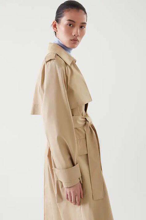 BELTED TRENCH COAT - BEIGE - Coats - COS Longline Trench Coat, Trench Coat Beige, Cotton Trench Coat, Light Denim Jacket, Beige Trench Coat, Wool Winter Coat, Wool Coat Women, Timeless Wardrobe Staples, Belted Trench Coat