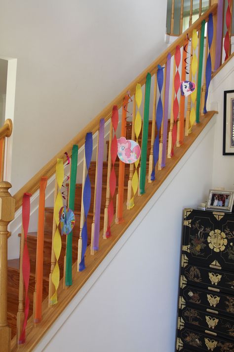 Gracie's My Little Pony Rainbow Birthday Party - streamer decorations Staircase Decoration, Streamer Decorations, Pony Birthday Party, My Little Pony Birthday Party, Little Pony Birthday Party, Paper Decor, Party Streamers, My Little Pony Party, Pony Birthday