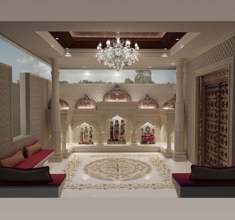 Mandir Luxury Design, Luxurious Temple Design For Home, Temple Space In Home, Luxury Temple Design For Home, Pooja Room Luxury, House Mandir Puja Room, Temple Room In Home, Temple At Home Design, Luxurious Mandir Design For Home