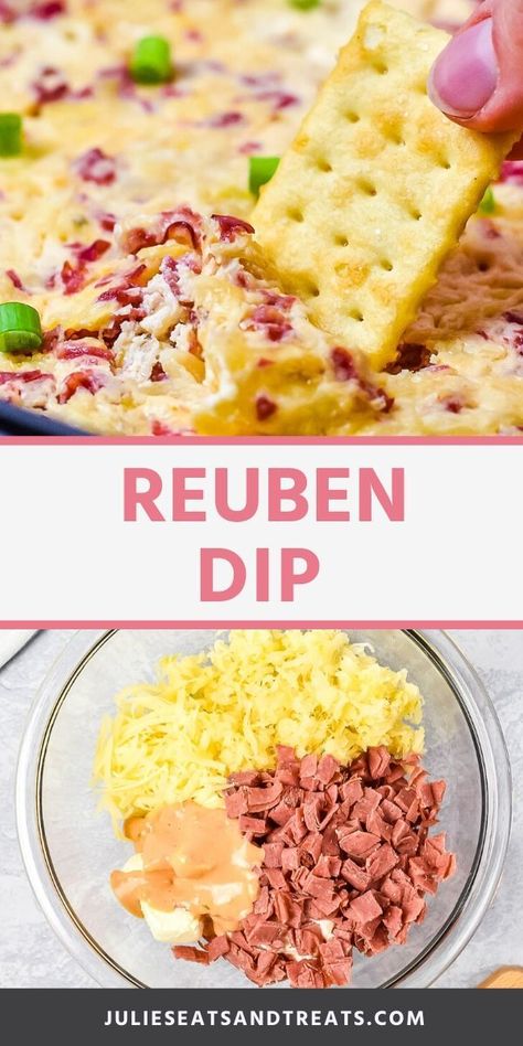 Quick and easy Reuben Dip is a creamy, cheesy baked dip that can also be made in your Crock Pot for the perfect party appetizer recipe. Tons of flavor from corned beef, sauerkraut and Swiss Cheese. With only 5 minutes of prep time this is a quick and easy recipe. #dip #recipe Rueben Dip Crock Pot, Rueben Dip, Hot Reuben Dip, Reuben Dip Recipe, Baked Dip, Reuben Dip, Dip Recipes Hot, Hot Appetizers, Reuben Sandwich