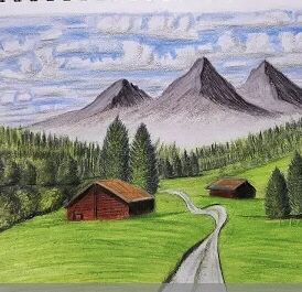 Landscape Paintings With Pencil Colours, Things To Draw Scenery, Pencil Nature Drawings, Natural Scenery Drawing, Easy Scenery Drawing, Easy Christmas Drawings, Fly Drawing, رسم كاريكاتير, Abstract Art Projects