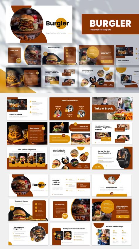 Food Business Keynote Presentation Templates - 30 unique Multipurpose Slides Brand Presentation Design Layout, Food Presentation Design, Bakery Food Truck, Food Presentation Ideas, Best Canva Templates, Menu Presentation, Food Portfolio, Food Catalog, Presentation Slides Design