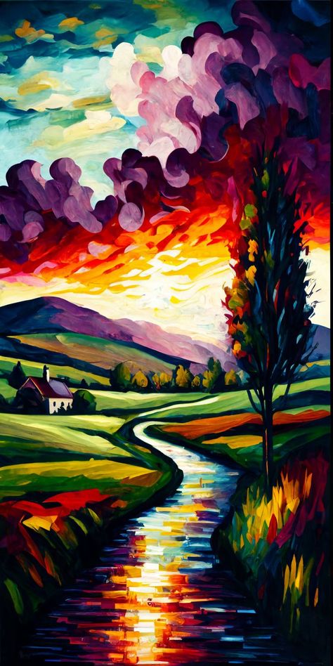 This aesthetic vibrant countryside illustration is a celebration of color and nature's beauty, depicting a serene landscape with a gentle stream running through the center. The colorful flowers in hues of pink, orange, and blue, create a lively touch to the scenery, while the greenery of the trees and rolling hills add a sense of calm and tranquility. The stream flowing through the heart of the landscape adds a soothing element. #countryside #landscape #stream #aesthetic #wallpaper Unusual Landscape Paintings, Calm Landscape Painting, Painting Ideas Large Canvas, Colourful Scenery, Countryside Illustration, Stream Aesthetic, Countryside Landscape Painting, Landscape Gouache, Bright Landscape