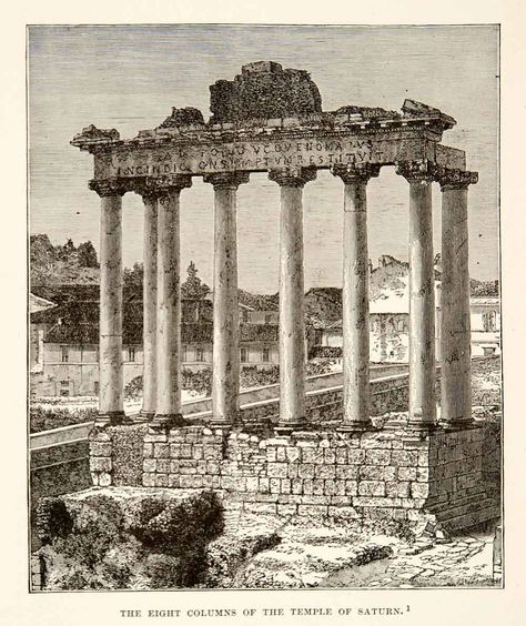 The Eight Columns of the  Temple of Saturn (wood engraving) 1890 . http://www.periodpaper.com/collections/archaeological/products/1890-wood-engraving-photoxylograph-ancient-temple-saturn-ruins-rome-italy-art-169693-xhb2-068 Temple Of Saturn, Yule Logs, Ancient Temple, House Trim, Italy Art, Historical Images, Prints Vintage, Ancient Temples, Wood Engraving