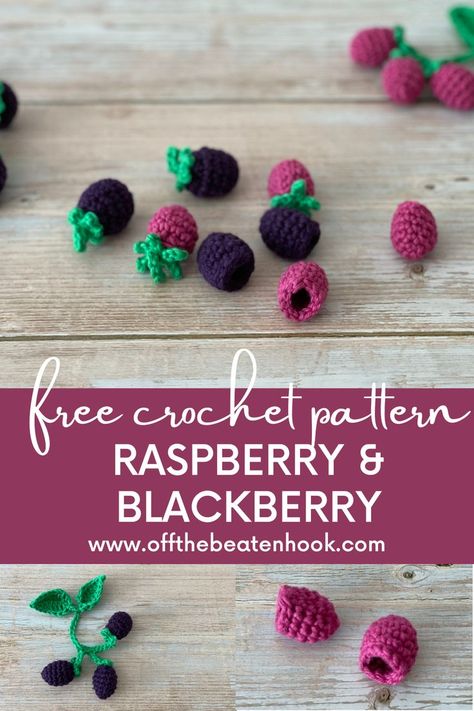 Realistic and charming, these little crochet berries will leave you dreaming of the real thing. This free raspberry and blackberry crochet pattern includes the method for crocheting these little juicy bits 3 different ways: picked drupelet without the stem, picked drupelet with the stem, and clusters of 3 still on the stem with leaves. Get the free, downloadable pattern here! Fruit Ideas, Fruit Crafts, Crochet Garden, Crochet Fruit, Crochet Leaves, Food Patterns, Crochet Food, Crochet Kitchen, Designs Patterns