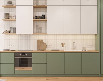 Olive Green White And Wood Kitchen, Olive And White Kitchen, Kitchen Interior Olive Green, Olive Green And Natural Wood Kitchen, Olive Interior, Ikea Green Kitchen, Olive Kitchen Ideas, Small Kitchen Interior Design, Cozy Kitchen Design