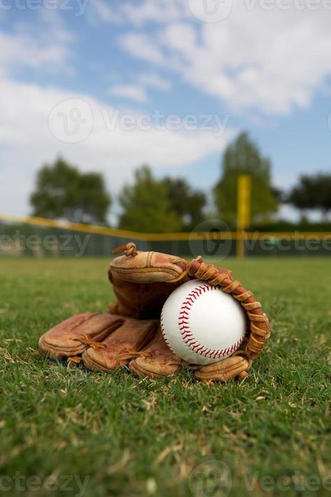 Baseball and Glove in the Outfield Baseball Glove, The Outfield, Gloves, Vector Free, Baseball, Photo And Video, Design