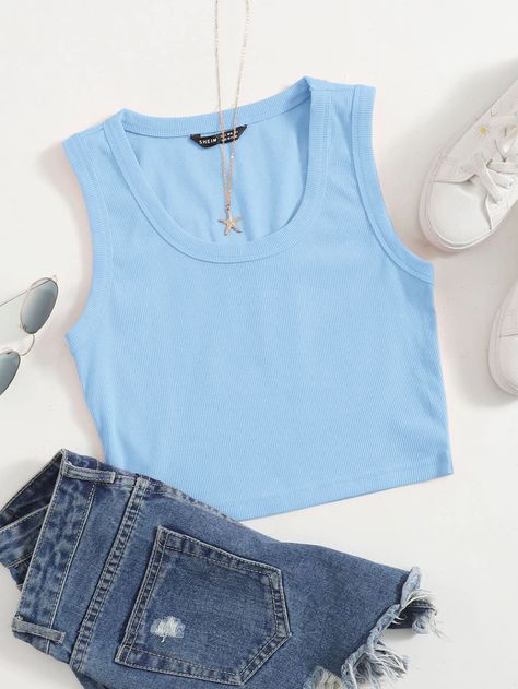 Baby Blue Top Outfit, Blue Tank Top Outfit, Preppy Tops, Trendy Tank Tops, Fancy Shirt, Stylish Tops For Women, Fashion Top Outfits, Solid Tank Tops, Trendy Dress Outfits