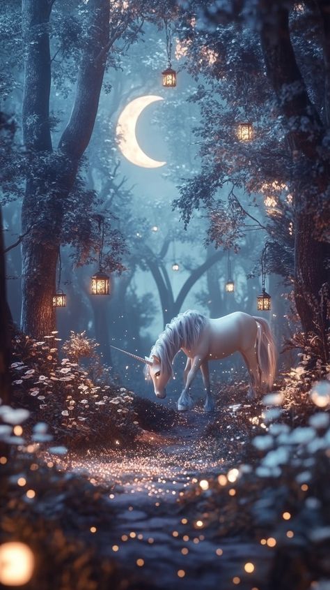 A dreamlike forest with floating lanterns and giant, whimsical flowers, bathed in the glow of a crescent moon, where silver-haired unicorns graze on stardust. Silver Magic Aesthetic, Full Moon Aesthetic, Unicorn Aesthetic, Dark Unicorn, Fantasy Settings, Unicorn Wedding, Whimsical Flowers, Floating Lanterns, Wedding Concept