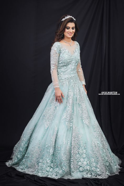 #engagement #bride #bridetobe #hairgoals #hairstyles #hairstyleideas #makeup #makeupideas #makeupartist #makeuplook Blue Gown Hairstyle, Light Blue Engagement Dress, Indian Reception Gown, Party Wear Evening Gowns, Indian Wedding Reception Outfits, Wedding Matching Outfits, Light Blue Gown, Deep Lyrics, Hairstyles For Gowns