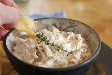 Healthy Dip Recipe: French Onion Dip with Caramelized Onions & Greek Yogurt — Recipes from The Kitchn 1970s Appetizers Parties Food, 1970s Party Food, 70s Food Party Retro, 70s Appetizers, 70s Food Party, 1970s Food, 70s Food, Homemade French Onion Dip, 80s Food