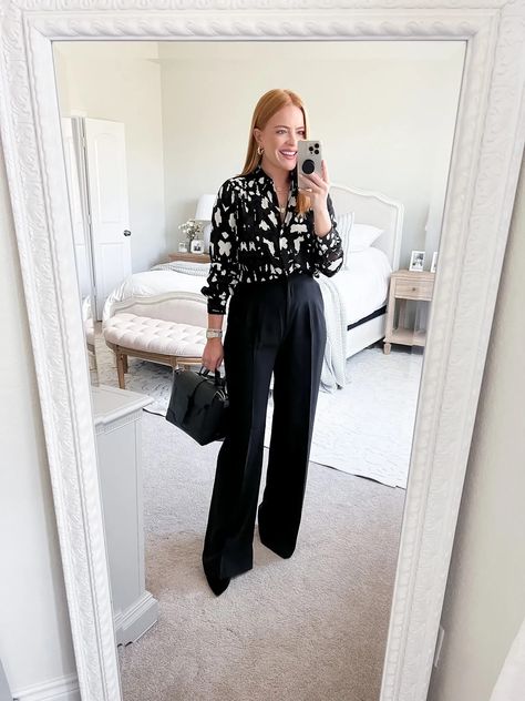 Daily Workwear: 8/22 - 8/26 - Oh What A Sight To See Black Dress Pants Outfit For Work Summer, Daily Office Wear Women, Black Slacks Work Outfit, Black Bottoms Outfit, Work Outfit Corporate, 2000s Style Outfits, Hotel Outfits, Fancy Pants Outfit, Wide Leg Pants Outfit Work