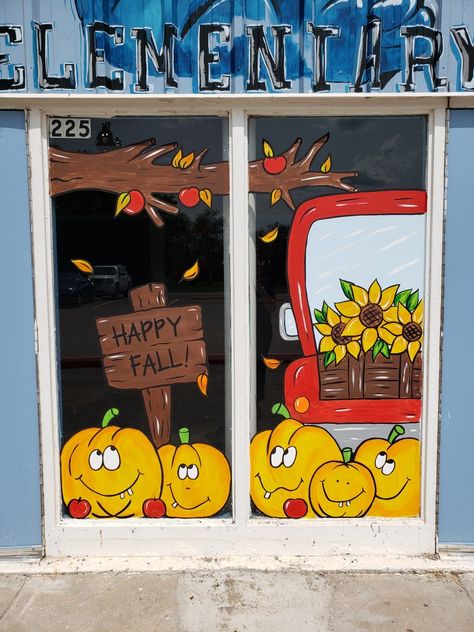 Fall Painting On Windows, Cute Fall Window Paintings, Fall Painted Window Ideas, Fall Window Painting Ideas For Classroom, Turkey Window Painting, Thanksgiving Window Painting Ideas, Fall Window Art Painting, Fall Window Painting Store Fronts, Fall Window Painting Ideas Easy