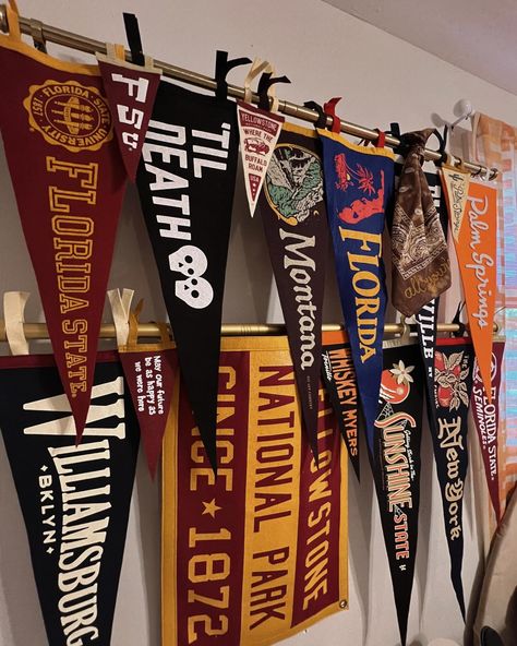 i spy a few axn fsu pennants 🔎 we’ve been collecting pennants on our travels but my favorites will always be the collegiate ones 💛 Flag Display Ideas, Pennant Display, Palm Springs Florida, College Theme, College Pennants, Whiskey Myers, Flag Display, National Parks Usa, Decor Stickers