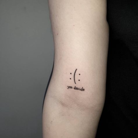 Minimalist Smiley Face Tattoo, Cool Smiley Face Tattoos, Double Smiley Face Tattoo, Smiley Face Tattoo Ideas, Upside Down Smiley Face Tattoo, Smiley Frowny Face Tattoo, Happy Face Tattoo Finger, Smile Frown Tattoo, Fake Smile Tattoo