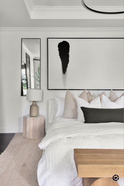 White Headboard On White Wall, Cabo Inspired Bedroom, Zen Modern Bedroom, Neutral Bedroom Ideas Minimalist, Modern Bedspread Ideas, White Leather Bed Bedroom Ideas, Low Headboard Bed Decor, White Boucle Bed Styling, All White Bedding With Accent Pillows