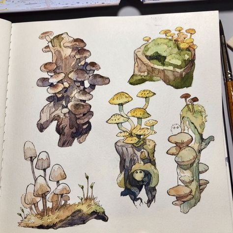 Cute Mushrooms, Mushroom Art, Sketchbook Inspiration, Art Inspiration Painting, Marker Art, Sketchbook Art Inspiration, Environmental Art, Creature Art, Art Techniques