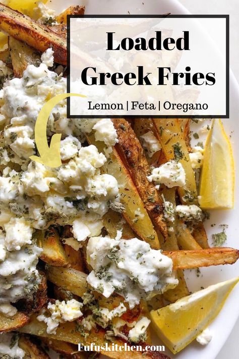 These zesty lemon oregano oven-baked seasoned fries that are topped with a feta garlic cream sauce are too die for! You’ll finish the whole plate before you know it. Great snack or side to a Mediterranean dinner! #greekrecipes #fries #easyrecipe #feta #mediterranean Greek Feta Fries Recipe, Feta French Fries, Greek Fries With Feta, Greek Feta Fries, Feta Cream Sauce, Easy Mediterranean Side Dishes, Feta Dinner Recipes, Feta Snacks, Feta Fries Recipe