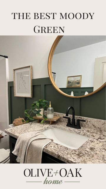 Samantha Farmer on Instagram: "This moody green is literal perfection. The shade is Ben Moore “backwoods” and it’s what gave this bathroom the perfect amount of moodiness and color. Where will you use this color at? #diy #bathroomdesign #bathroomideas #diybathroom #moodybathroom #greenbathroom" Green Powder Room, Green Bathroom Paint, Vanity In Bathroom, Moody Bathroom, Moody Green, Green Bathroom Decor, Green Vanity, Oak Bathroom, Office Guest Room