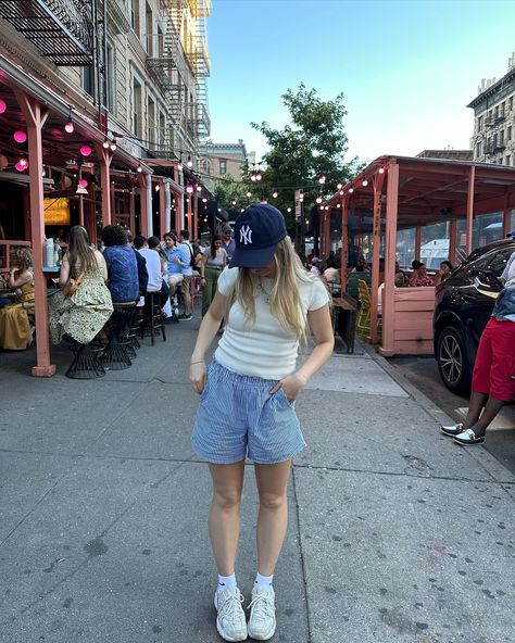 a little bit of life lately 💞 #nyc #ootd #summeroutfit Blue And White Boxer Shorts Outfit, Linen Shorts Outfit Aesthetic, Blue Striped Shorts Outfit Summer, Pinstripe Shorts Outfit Summer, Scandy Girl Summer Outfits, Scandi Shorts Outfit, Striped Linen Shorts Outfit, Blue Boxer Shorts Outfit, Pinstripe Shorts Outfit