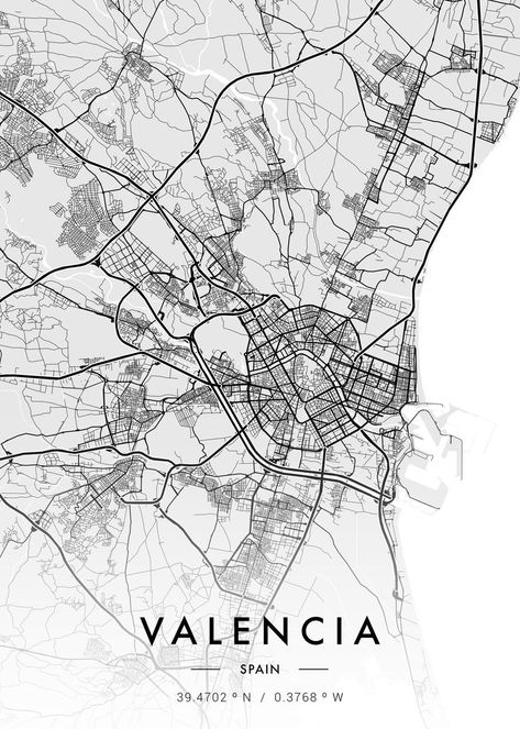 Valencia City Map White Valencia Map, City Maps Illustration, Cartography Art, Map Infographic, Spain Map, Maps Aesthetic, Valencia City, Print Map, Photo Pin