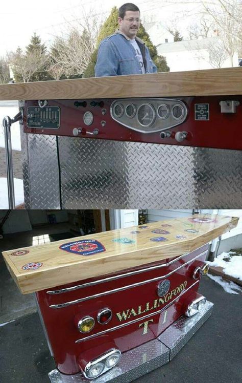 Man cave bar Firefighter Bar, Beer Trailer, Firefighter Man Cave, Vw Microbus, Firefighter Home Decor, Fire Hall, Upcycle Diy, Firefighter Decor, Firefighter Emt