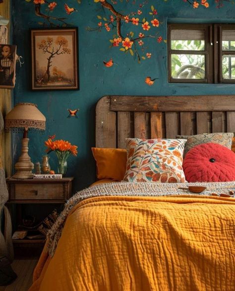 Decor For Orange Walls, Colorful Accent Wall Bedroom, Bohemian Wall Painting Ideas, Fun Bedroom Paint Ideas, Orange Walls Bedroom, Wall Colors For Bedroom, Teal Wall Bedroom, Mustard Yellow Bedroom Ideas, Room Painting Ideas Bedroom