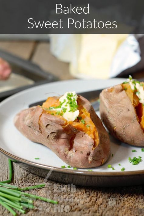 A simple, healthy side dish, whole baked sweet potatoes are easy to make, warm and comforting, and best of all, versatile! #sweetpotato #thanksgiving #sidedishes #glutenfree #paleo Potato Airfryer, Whole Baked Sweet Potato, Microwave Sweet Potato, Sweet Potato Oven, Sweet Potato Recipes Baked, Potatoes In Microwave, Sweet Potato Recipe, Baked Sweet Potatoes, Cooking Sweet Potatoes