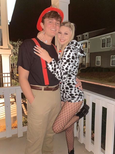 Fire Fighter And Dalmation Costume, Firefighter Couple Costume, Dalmation Costume, Firefighter Halloween, Iconic Duos, Firefighter Costume, Classy Halloween Costumes, Couples Halloween Costume, Couples Costume