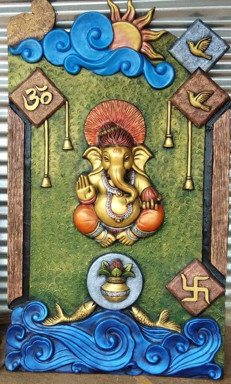 3d Relief Art, Mural Art Design, Ganesh Art Paintings, Persian Art Painting, Boho Art Drawings, Lord Ganesha Paintings, Ganesh Art, Clay Wall Art, Ganesha Painting