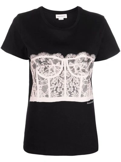 Alexander Mcqueen Black Bustier Print T-shirt | ModeSens Alexander Mcqueen Clothing, Black Blush, Black Bustier, Lace Bustier, Exclusive Fashion, Beautiful Blouses, Logo Print, Black Cotton, Cotton T Shirt