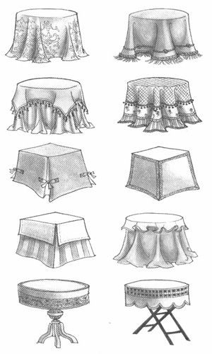 Table skirts Vintage Table Cloth Ideas, Draped Table Cloth, Table Cloth Drawing, Table Skirts, Table Cloth Decorations, Round Table Covers, Table Skirt, Decoupage Vintage, Bedroom Flooring