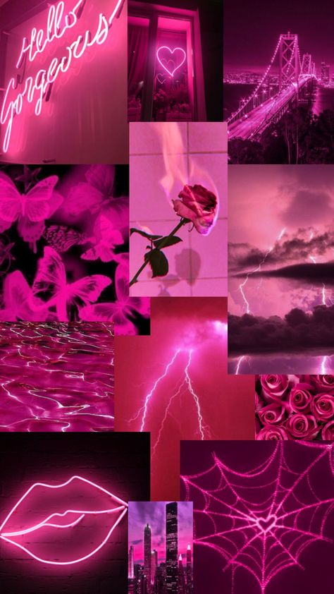 Hot neon pink aesthetic background collage Neon Collage Wallpaper, Pink And Black Aesthetic Grunge, Electric Pink Aesthetic, Aesthetic Hot Pink Wallpaper, Hot Pink Wallpaper Aesthetic, Pink City Aesthetic, Baddie Pink Aesthetic, Neon Aesthetic Wallpaper, Hot Pink Aesthetic Wallpaper