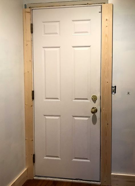 An easy step by step guide to installing craftsman trim Craftsman Doors Interior, Craftsman Molding And Trim, Door Moldings And Trim, Diy Bathroom Door, Craftsman Baseboard, Craftsman Trim Interior, Craftsman Door Trim, Installing Trim, Baseboard Ideas