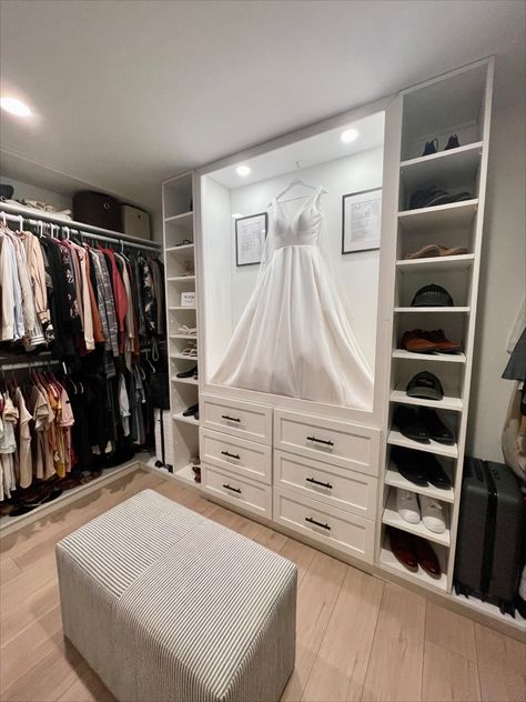 The perfect way to showcase the most special day! Closet With Wedding Dress Display, Wedding Dress Closet Display, Wedding Dress Display In Closet, Dress Display Ideas, Walk In Closet Vanity, Closet Display, Wedding Dress Display, Closet Vanity, Shed Home