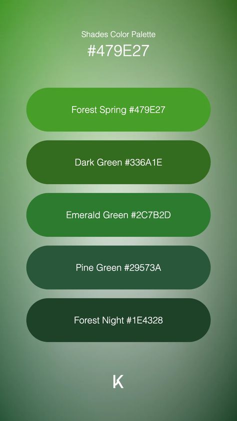 Shades Color Palette Forest Spring #479E27 · Dark Green #336A1E · Emerald Green #2C7B2D · Pine Green #29573A · Forest Night #1E4328 Color Palette Forest, Hex Color Palette, Forest Night, Deep Connection, A Breath Of Fresh Air, Hex Colors, Pine Green, Breath Of Fresh Air, Room Paint