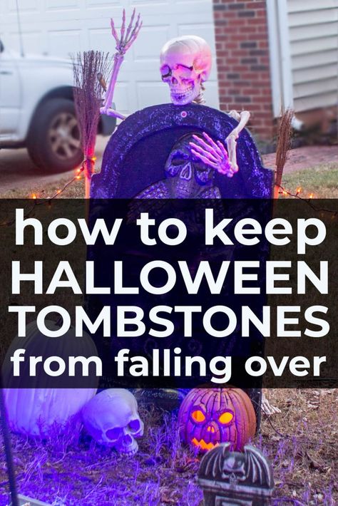 How To Keep Styrofoam Tombstones In The Ground - Entertaining Diva @ From House To Home Halloween Outdoors, Ghost Tutorial, Halloween Gravestones, Halloween Cemetery, Graveyard Halloween, Spooky Diy, Scary Halloween Decorations Diy, Halloween Creatures, Yard Haunt