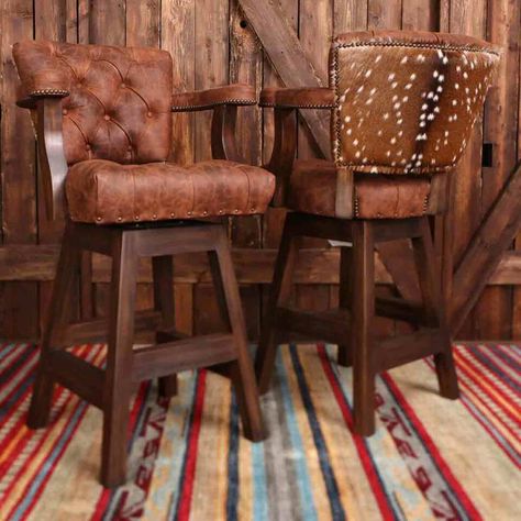 Oakmont Barstool Axis Deer Hide, Western Bar Stools, Axis Deer, Black Forest Decor, Deer Hide, Rustic Bar, Western Furniture, Leather Bar Stools, Leather Bar