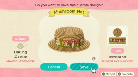 Mushroom Hat Animal Crossing, Animal Crossing Hat Codes, Animal Crossing Hat Code, Animal Crossing Summer Outfit, Animal Crossing Hats, Animal Crossing Hat Designs, Acnh Hat Design Codes, Acnh Hats, Cottagecore Acnh